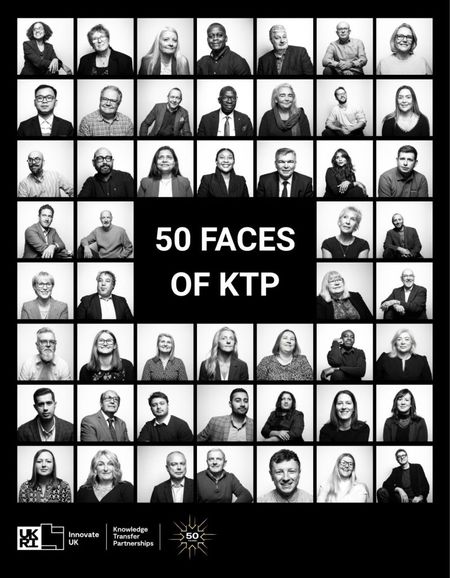 A black-and-white grid of approximately 50 professional headshot portraits of diverse men and women arranged in five rows of ten, centered around a bold title '50 FACES OF KTP' in large white text on a black background. At the bottom, the UK Knowledge Transfer Partnerships logo appears alongside 'KNOWLEDGE TRANSFER PARTNERSHIPS' and a sunburst emblem.