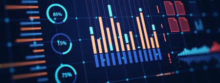 A digital dashboard displaying colorful data visualizations, including vertical bar charts, circular percentage indicators, and line graphs on a dark background. The interface features blue, orange, and teal elements representing various statistical metrics and performance data.
