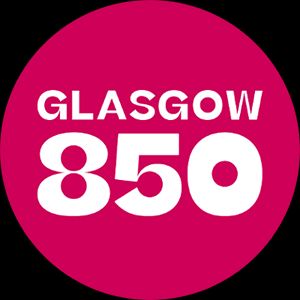 Image of the Glasgow 850 logo. A vibrant pink circular badge features the word 'GLASGOW' in large, bold white uppercase letters arching across the top, with '850' prominently displayed below in even larger, stylized white numerals that have a modern, cut-out design. The background is solid magenta, creating a striking, celebratory look