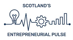 A stylized logo featuring a lightbulb connected to a heartbeat-style line that transitions into a gear and then upward‑rising bar chart. The text ‘Scotland’s Entrepreneurial Pulse’ appears above and below the graphic.