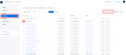 Recordings page in Zoom